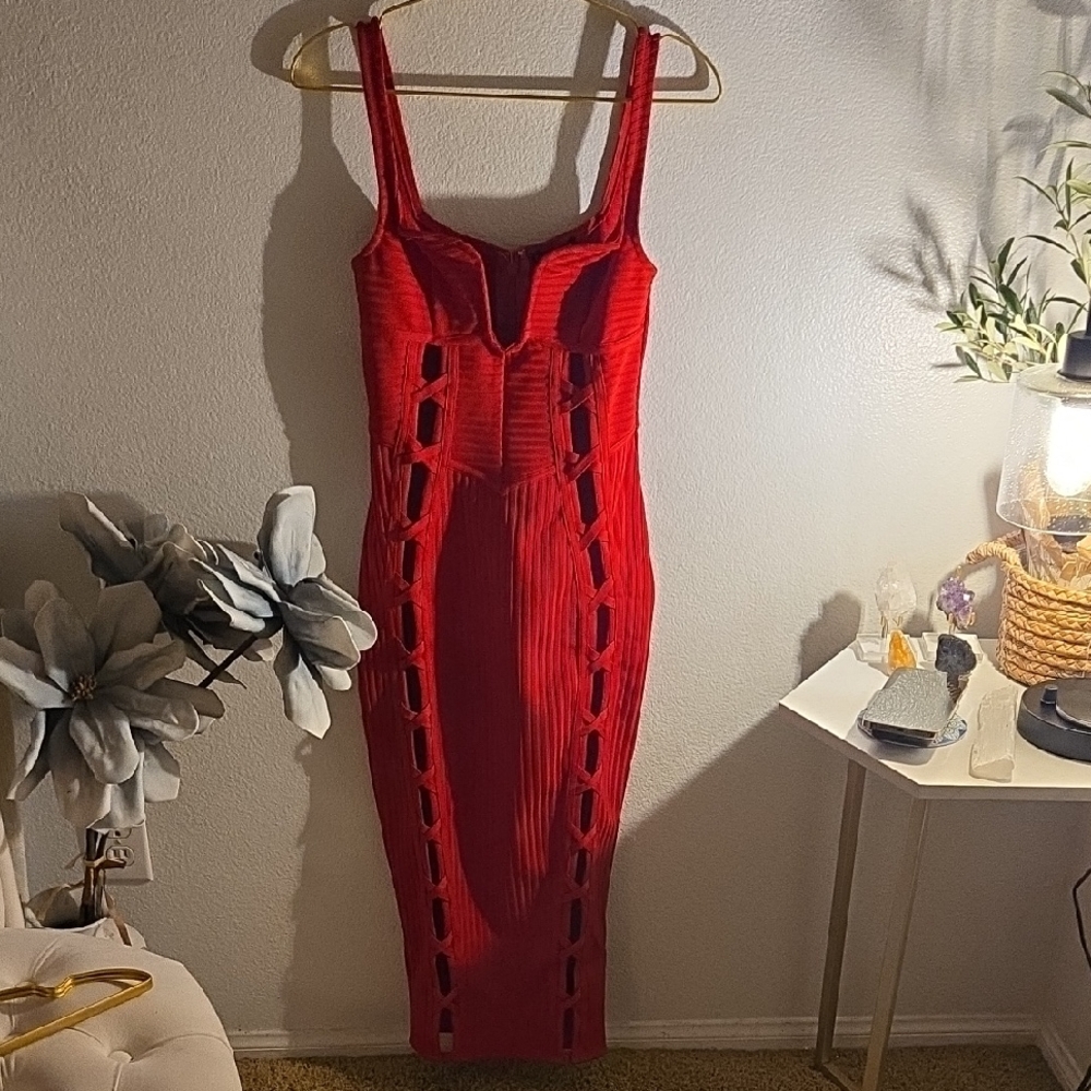 Fashion Nova Vibrant Red Cutout Midi Dress
